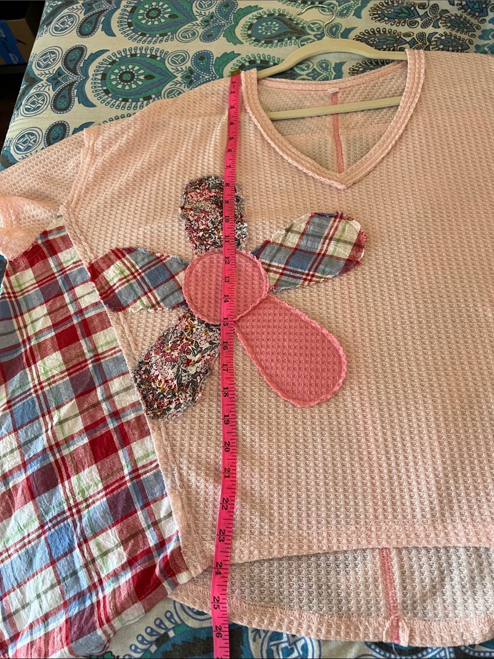 Pink Patchwork Floral Plaid V-Neck Top - Picture 7 of 8